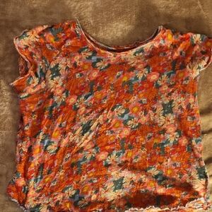 NATURAL LIFE Floral Short Sleeve Top - Orange and Pink Yellow Sz L